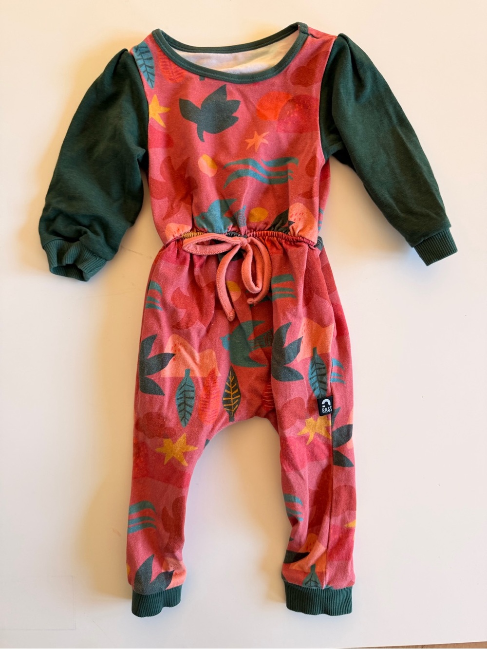 Rags Colorful Leaf & Star Print Jumpsuit with Forest Green Sleeves
